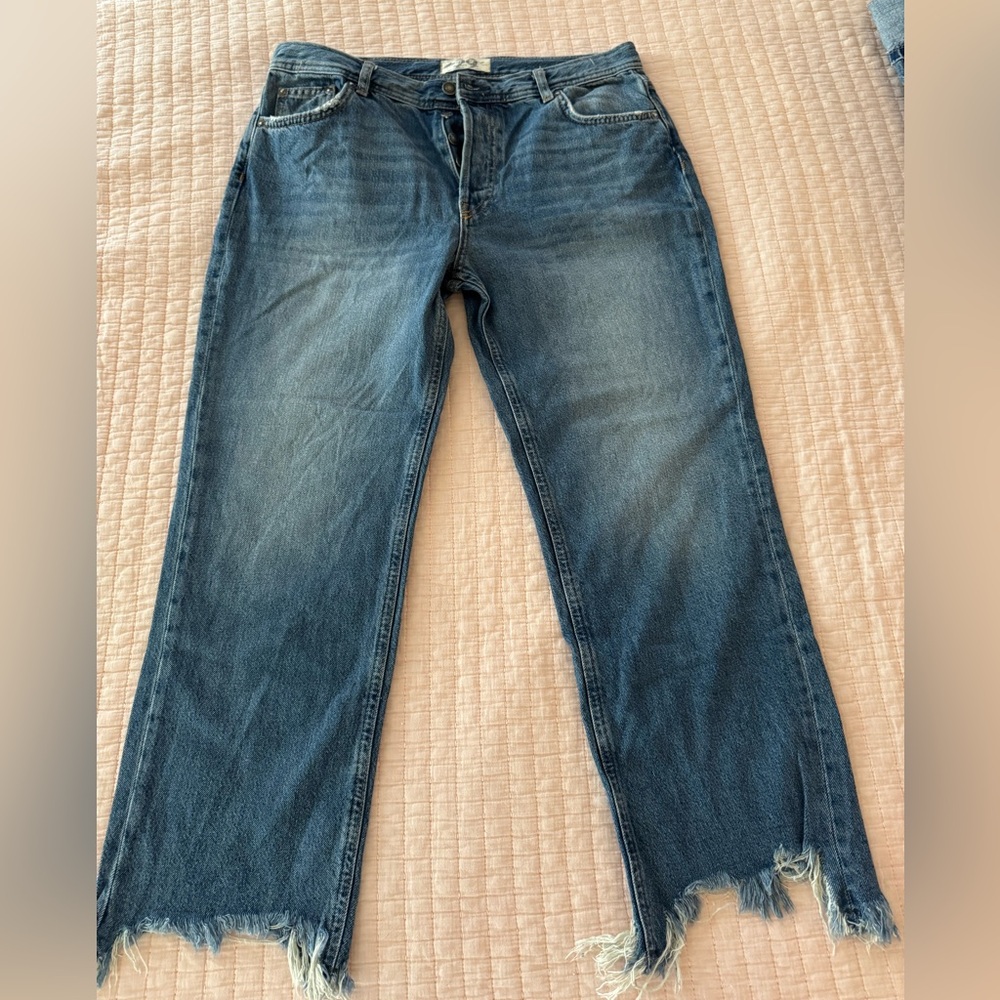 Free People Women’s Distressed Blue Raw-Hem Straight Jeans